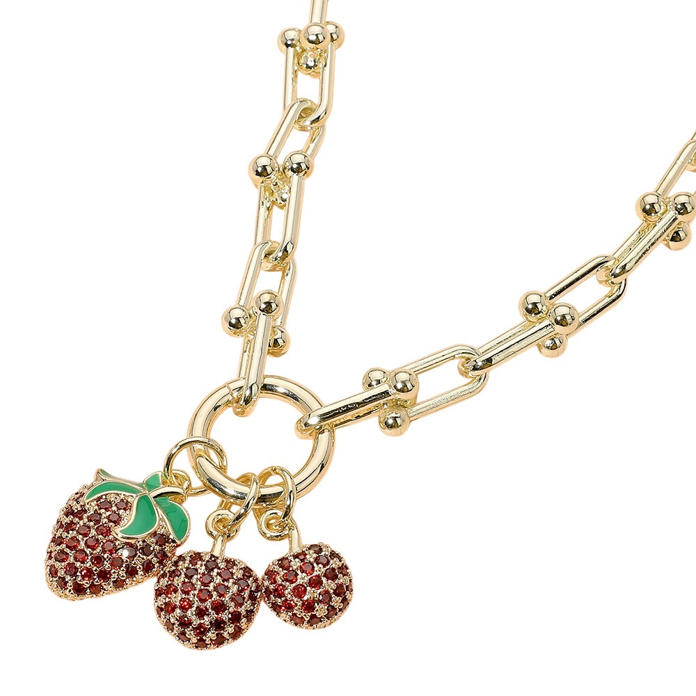 14K Gold Plated CZ Stone Paved 3 Strawberries Pendant Chain Statement Necklace